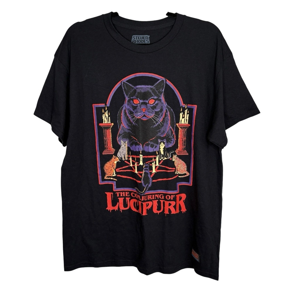 Steven Rhodes Conjuring of Lucipurr Graphic T Shirt L Halloween Crew Short Sl